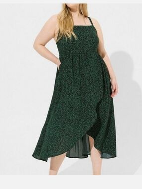 Torrid Green & Black Leopard Print Hi-Low Midi Dress Smocked Back Size 0 (L/12)